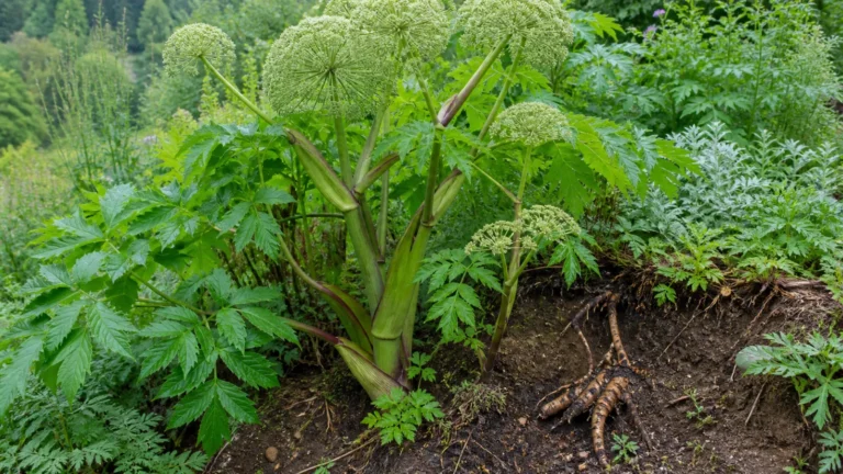 Tall garden angelica with thick green-purple stems, large divided leaves, round greenish-white flower umbels, and a thick root visible at a soil bank.