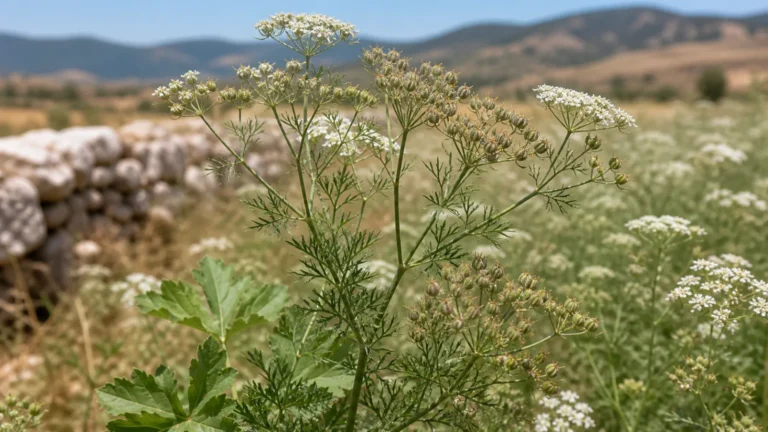 Anise plant with lobed lower leaves, finely divided upper leaves, white compound umbels, and clusters of small ridged green-brown fruits.