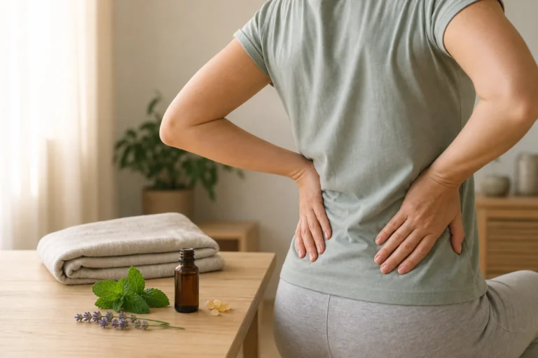 Adult holding their lower back beside an amber essential oil bottle, peppermint, lavender, and frankincense resin.