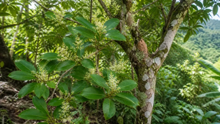 West Indian bay tree with leathery elliptic leaves, loose panicles of tiny white flowers, and a mottled peeling trunk in a Caribbean hillside grove.
