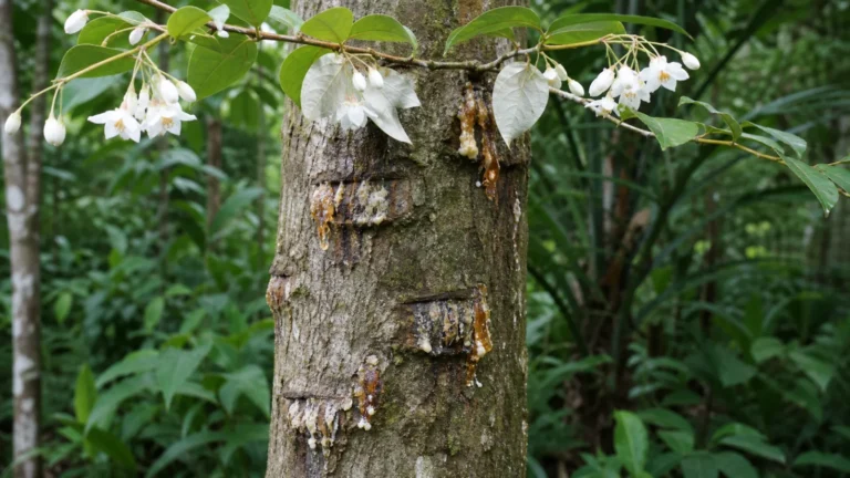 Living benzoin tree with elliptic leaves, hanging white flowers, and cream-to-amber resin hardening over shallow established tapping cuts in the trunk.