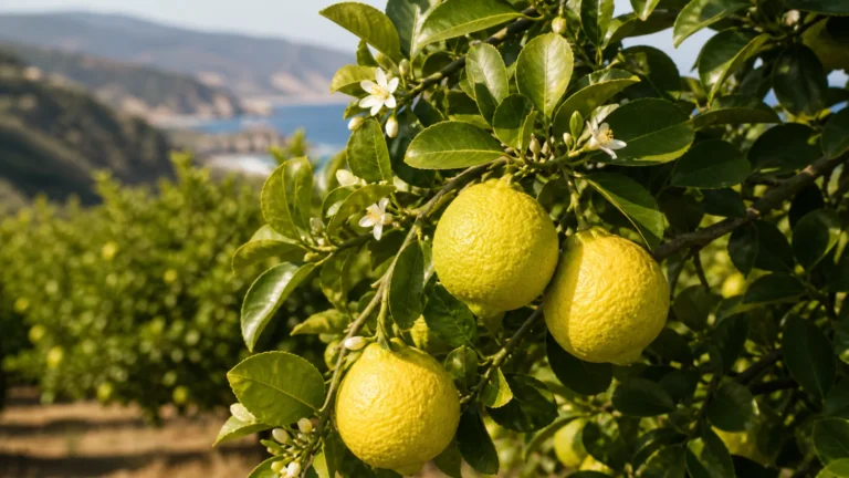Bergamot orange branch with glossy leaves, small white blossoms, and three ripe yellow fruits with finely pebbled rinds in a Calabrian orchard.