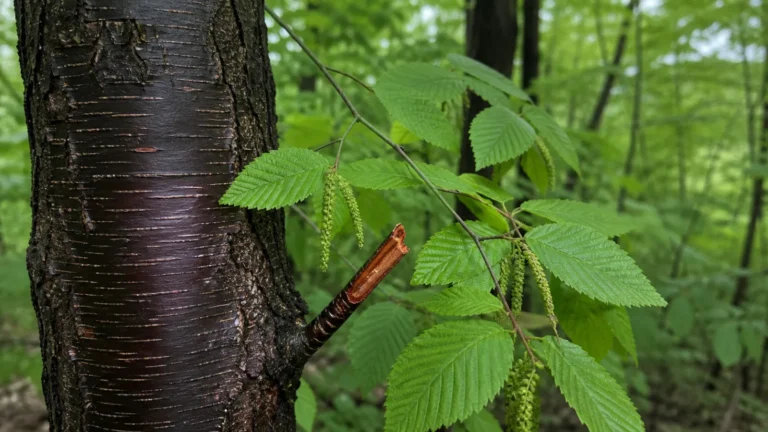 Sweet birch with dark cherry-like bark and pale horizontal lenticels, sharply serrated green leaves, hanging catkins, and a naturally broken reddish twig.