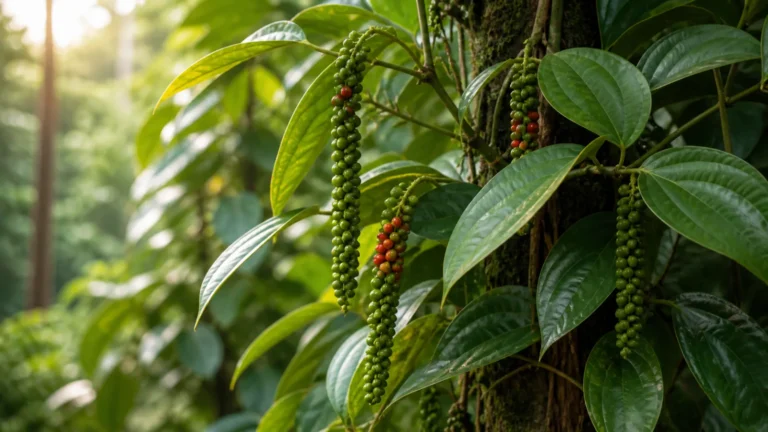 Black pepper vine climbing a rough support with glossy pointed leaves and hanging fruit spikes of green peppercorns, some beginning to ripen red.