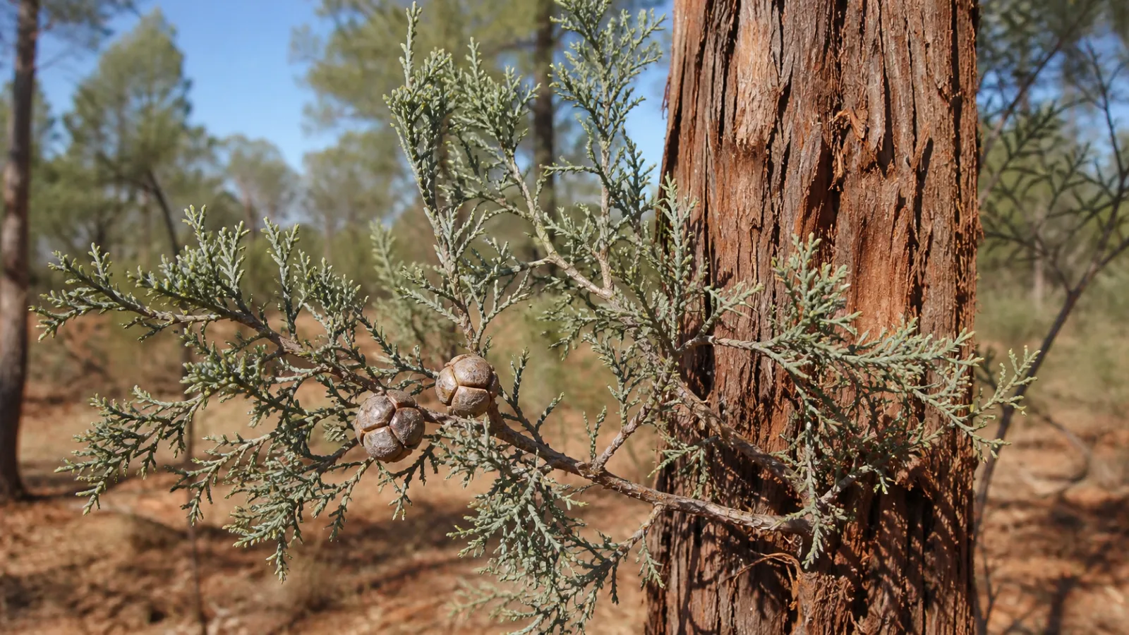 Northern blue cypress with reddish fibrous bark, muted blue-green scale foliage, and globose woody cones in an Australian savanna woodland.
