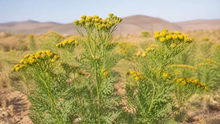 Blue tansy plants with finely divided green leaves and clusters of small yellow button-like flower heads in a dry Moroccan field.