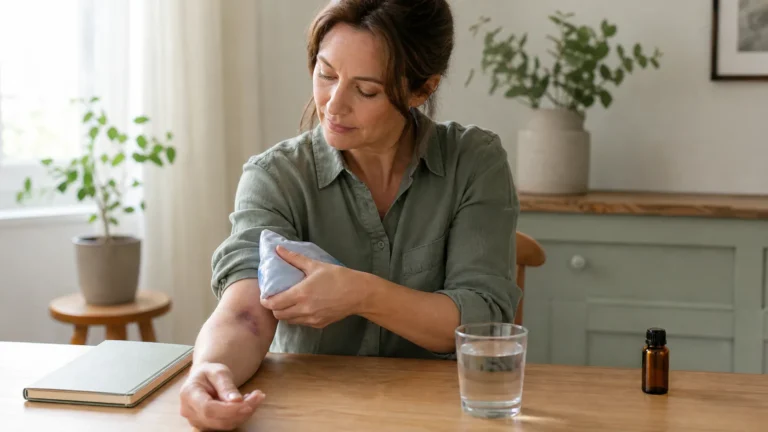 Adult applying a wrapped cold pack to a minor forearm bruise beside a sealed essential oil bottle.