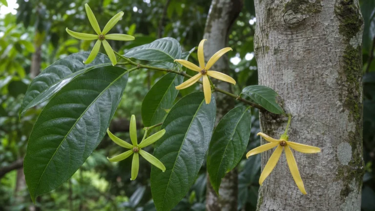 Cananga tree branch with large prominently veined leaves and four green-to-yellow flowers, each formed by six long narrow petals.