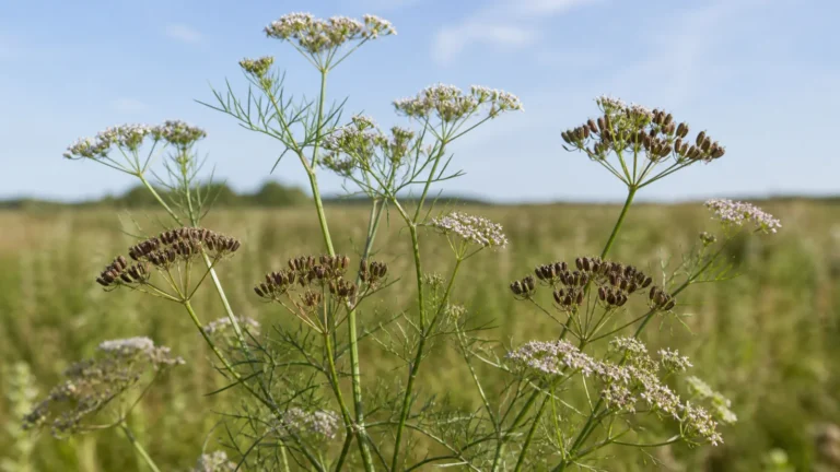 Caraway plants with finely divided leaves, delicate white-pink flower umbels, and mature umbels of narrow ribbed brown fruits in a temperate field.
