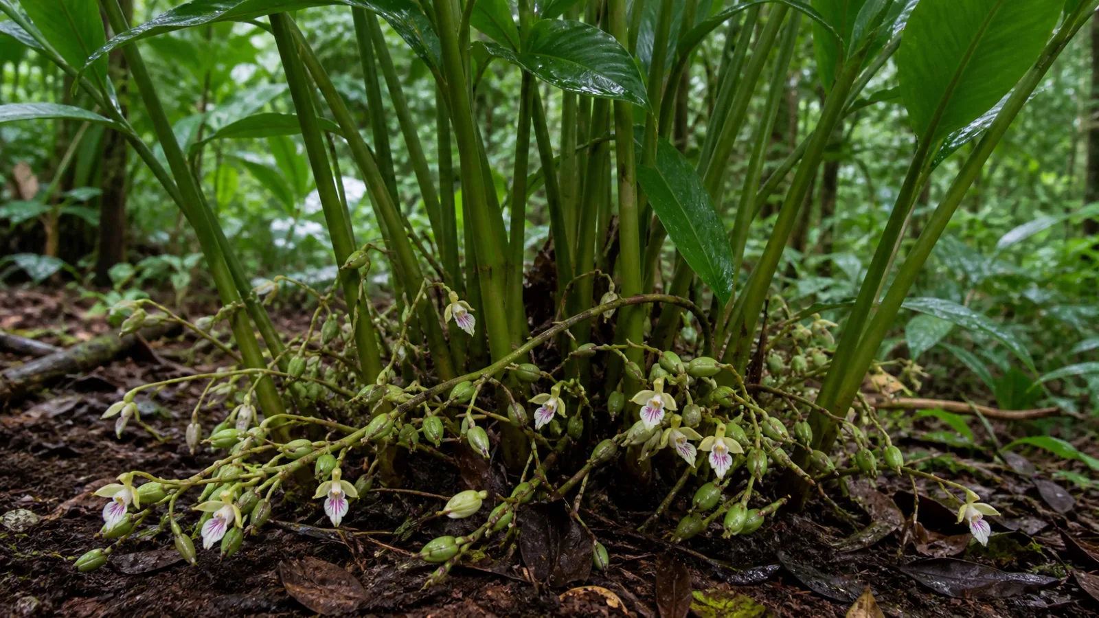 Green cardamom clump with tall leafy shoots and low arching stalks bearing pale flowers and small green fruit pods on a humid forest floor.
