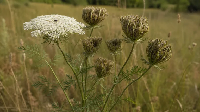 Wild carrot with feathery divided leaves, an open white flower umbel with a dark central floret, and several curled bird's-nest seed heads in a meadow.