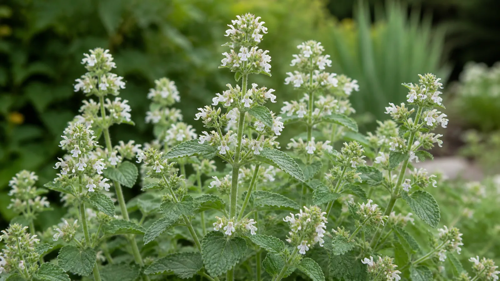 Flowering catnip with softly hairy stems, gray-green toothed leaves, and whorls of small white flowers with pale purple markings.