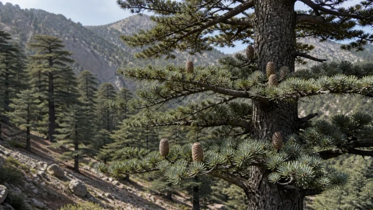 Atlas cedar in a rocky mountain forest with fissured bark, blue-green needle clusters, horizontal branches, and upright woody cones.