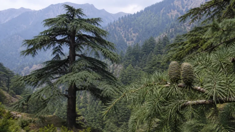 Himalayan deodar cedar with a nodding crown, drooping branch tips, gray-green needle clusters, and upright barrel-shaped cones.