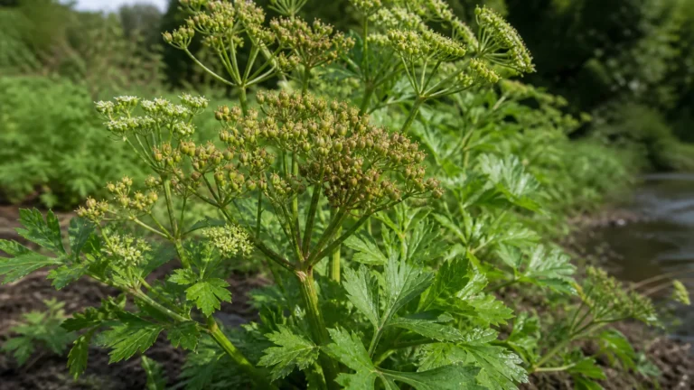 Seed-stage celery plant with grooved stems, divided green leaves, small greenish-white flower umbels, and clusters of tiny ribbed fruits.
