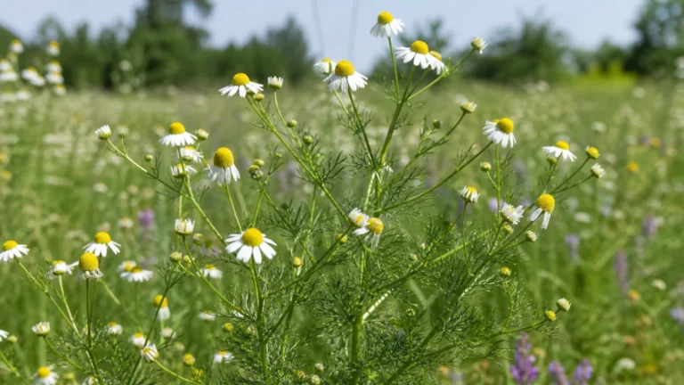 German chamomile with feathery divided leaves and white flower heads around raised golden-yellow centers, some petals naturally reflexed downward.