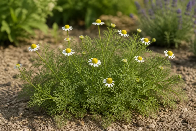 Roman chamomile growing as a low mound with finely divided green leaves, white flower heads, raised yellow centers, and several buds.