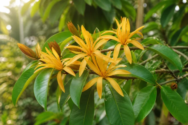 Golden champaca flowers with long narrow tepals among glossy green leaves on a tree branch in warm sunrise light.
