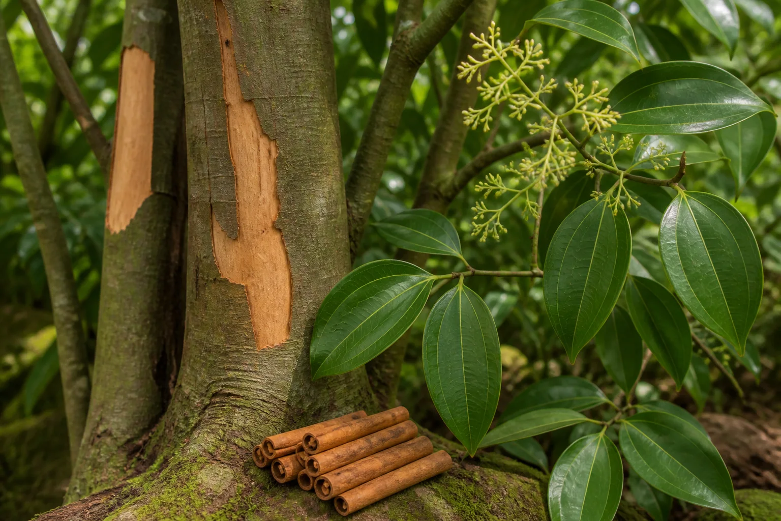 True cinnamon tree with harvested tan inner bark, thin cinnamon quills, glossy three-veined leaves, and cream flower panicles.