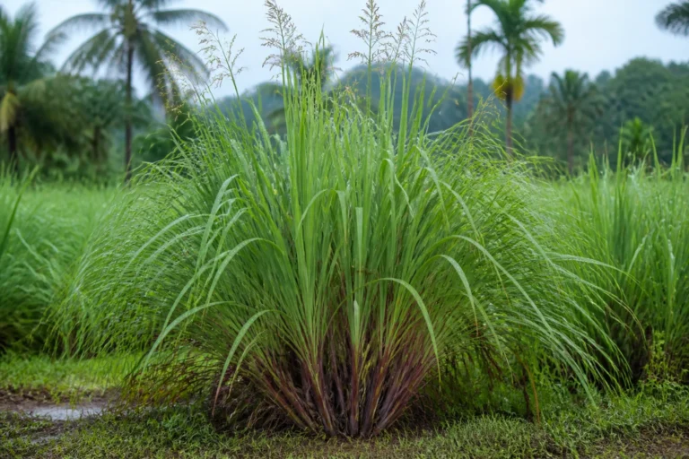 Mature Java citronella grass growing in a dense tropical clump with long arching green leaves, reddish basal sheaths, and airy flower panicles.