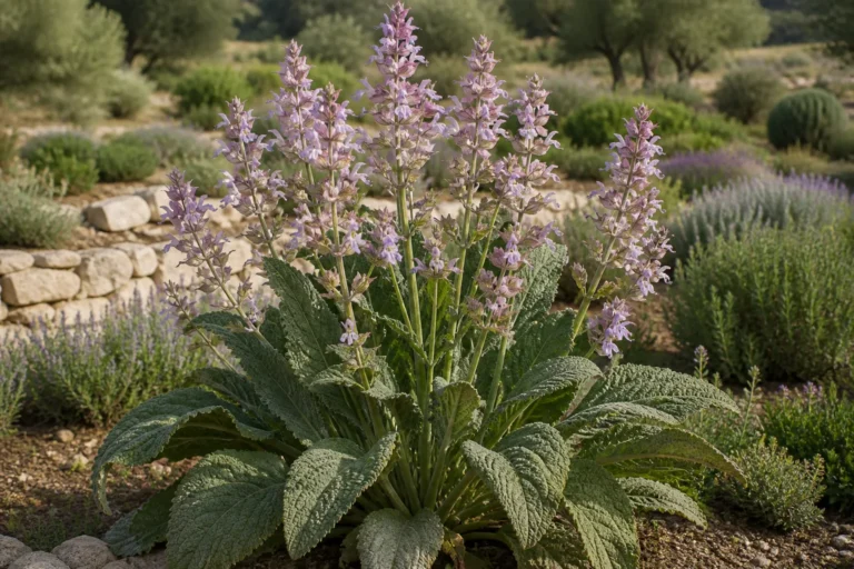 Clary sage with broad wrinkled gray-green leaves and tall stems bearing pale lilac and pink bracts around small flowers.