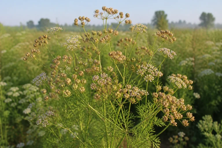 Mature coriander plant with branching stems, finely divided leaves, small white-pink flower umbels, and clusters of round ribbed fruits.