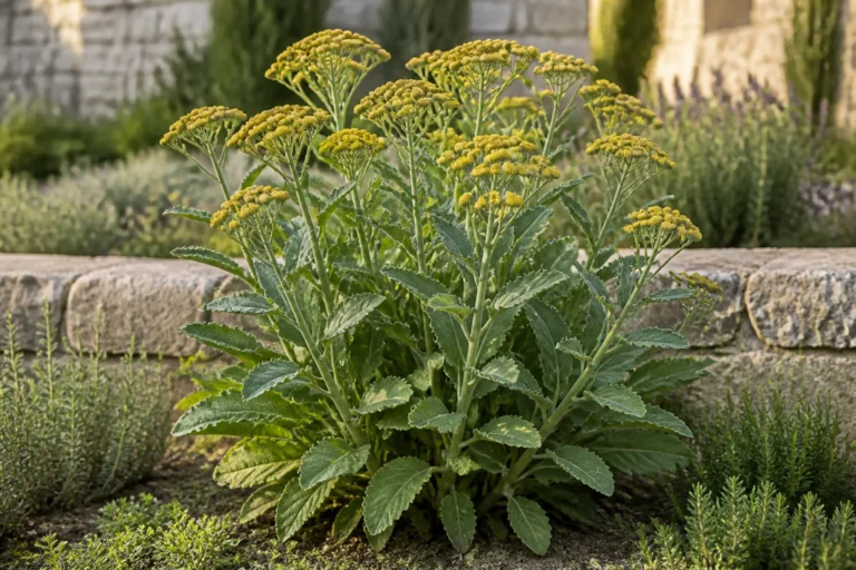 Costmary growing in an herb garden with broad serrated gray-green leaves and flat-topped clusters of small yellow button flower heads.
