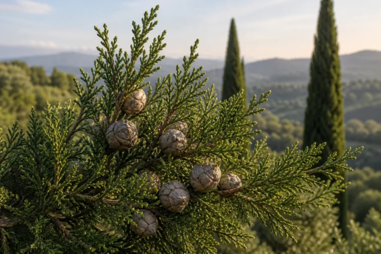 Mediterranean cypress with dense scale-like green foliage and round woody cones, with tall columnar trees on a sunlit hillside behind.