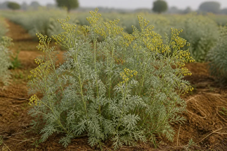 Davana growing in a cultivated field with silvery finely divided leaves and branching stems of tiny drooping yellow flower heads.