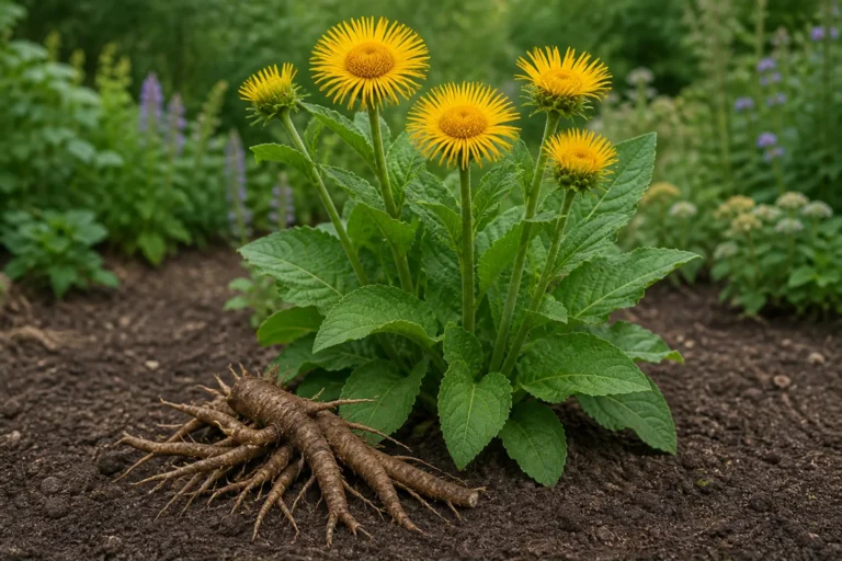 Elecampane with broad textured leaves, shaggy golden flower heads, and a freshly lifted branching brown rhizome resting on the soil.