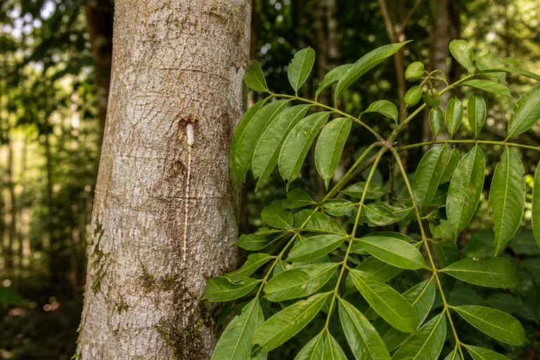 Elemi tree with pale bark, pinnate leaves, small green fruits, and a modest trail of cream-white resin emerging from the trunk.