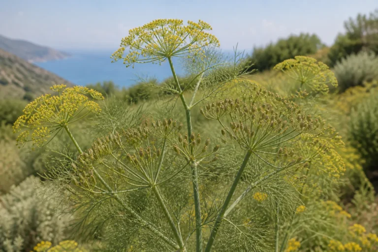 Mature fennel on a Mediterranean hillside with feathery leaves, yellow flower umbels, and clusters of small narrow ribbed fruits.