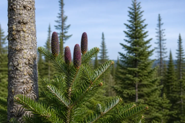 Balsam fir branch with flat green needles and upright purple young cones beside gray bark marked by aromatic resin blisters.