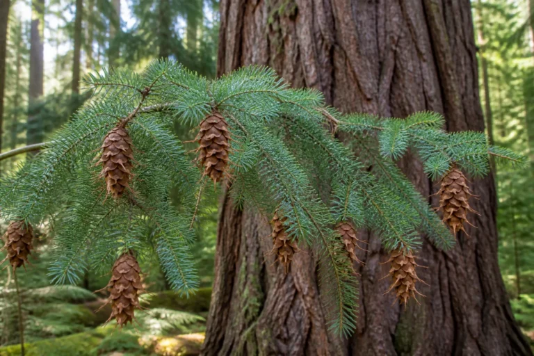 Douglas fir branch with soft blue-green needles and hanging cones whose long pointed bracts project between the scales, backed by furrowed bark.