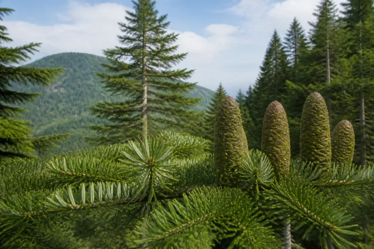 European silver fir branch with flat blunt needles showing pale undersides and upright green-brown cones in a mountain forest.
