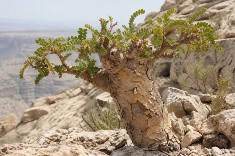 Boswellia frereana growing from Somaliland limestone with a twisting pale trunk, rounded pinnate leaflets, and a small bead of resin.