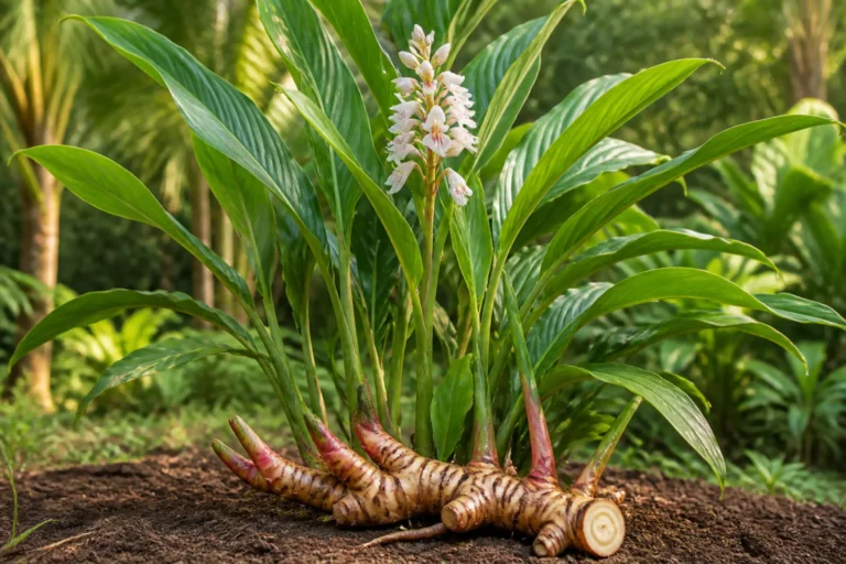 Greater galangal with broad glossy leaves, a white flower panicle, and a freshly lifted pale tan rhizome with pink-red joints.