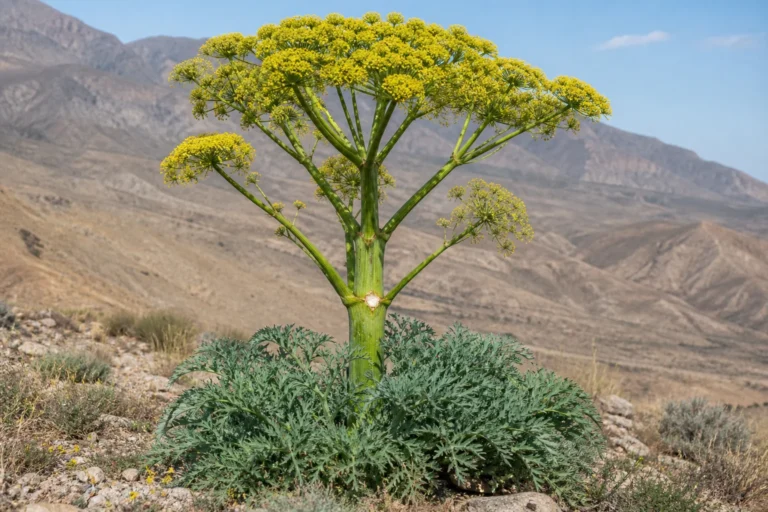 Galbanum on a rocky Iranian hillside with divided blue-green basal leaves, large yellow flower umbels, and a small gum-resin bead on the stem.
