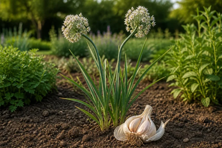 Garlic growing with flat blue-green leaves and white flower umbels beside a freshly lifted papery bulb showing its clove structure.
