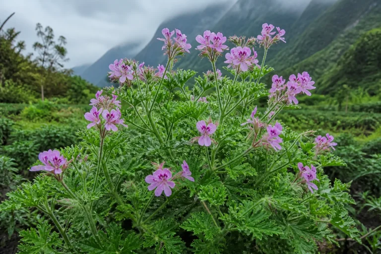 Rose-scented geranium in a misty Réunion upland field with deeply cut velvety leaves and airy clusters of rose-pink veined flowers.