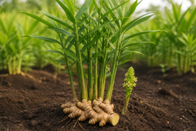 Common ginger with narrow leaves, a separate green-bracted flower spike, and a freshly lifted tan rhizome showing light yellow flesh.