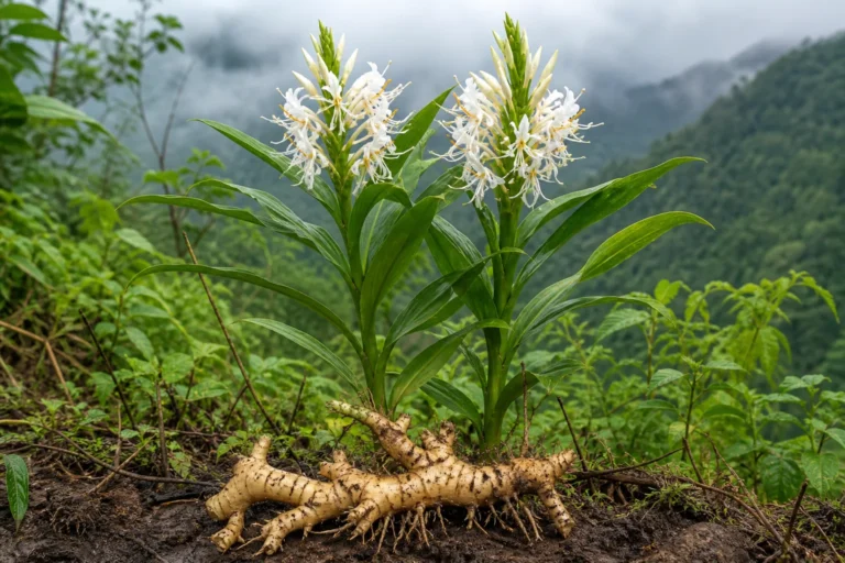Spiked ginger lily on a misty Himalayan slope with broad leaves, white terminal flower spikes, and a freshly lifted pale branching rhizome.