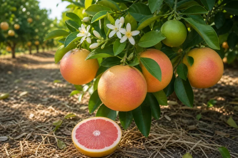 Pink grapefruit tree with glossy leaves, white blossoms, green and ripe blush fruit, and a cut half showing salmon-pink flesh and thick peel.