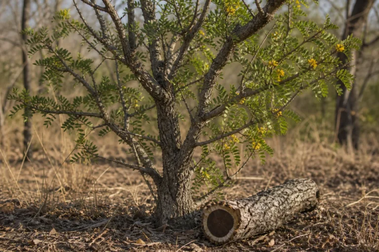 Guaiacwood in a dry Gran Chaco forest with paired oval leaflets, small yellow flowers, and a fallen branch exposing dark olive-brown heartwood.