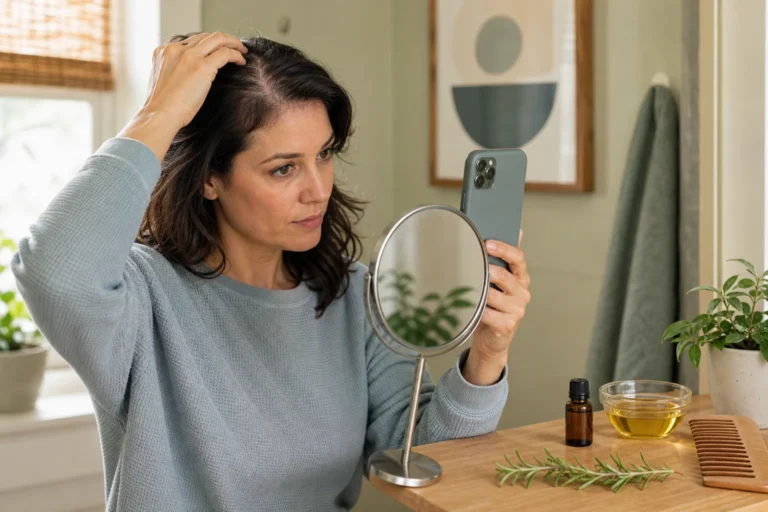 Adult documenting a widening hair part with a phone beside rosemary, carrier oil, and a capped essential-oil bottle.