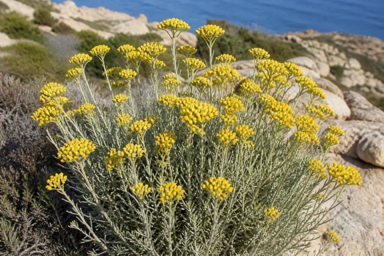 Italian helichrysum on a rocky Corsican coast with narrow silver-gray leaves and dense flat-topped clusters of small golden-yellow flower heads.