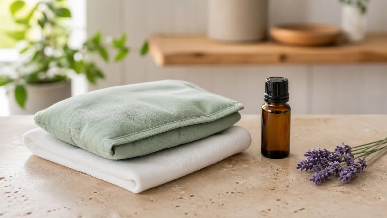 Folded cool compress beside a closed amber essential oil bottle and lavender sprigs.
