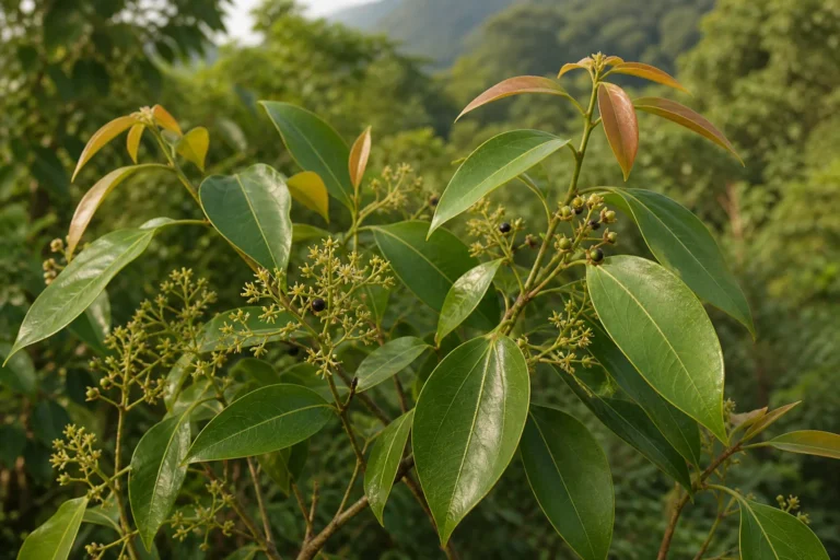 Ho tree branch with glossy pointed leaves, copper new growth, tiny cream flower panicles, and a few small black drupes.