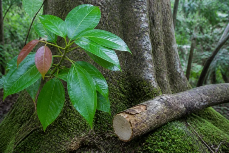 Ho tree with glossy pointed three-veined leaves, copper new growth, and a weathered fallen branch exposing pale aromatic heartwood.