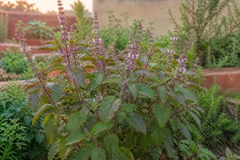 Holy basil in an Indian courtyard garden with toothed green-purple leaves, purple square stems, and upright racemes of tiny lavender-white flowers.